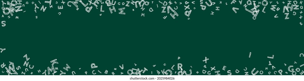 Falling letters of English language. Chalk handdrawn flying words of Latin alphabet. Foreign languages study concept. Fascinating back to school banner on blackboard background.