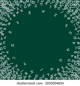 Falling letters of English language. Chalk sketch flying words of Latin alphabet. Foreign languages study concept. Fetching back to school banner on blackboard background.