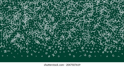 Falling letters of English language. Chalk handdrawn flying words of Latin alphabet. Foreign languages study concept. Decent back to school banner on blackboard background.