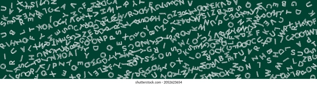 Falling letters of English language. Chalk sketch flying words of Latin alphabet. Foreign languages study concept. Unequaled back to school banner on blackboard background.