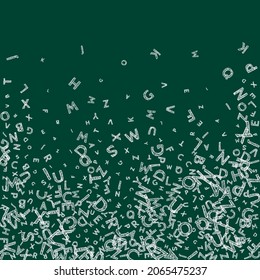Falling letters of English language. Chalk handdrawn flying words of Latin alphabet. Foreign languages study concept. Wonderful back to school banner on blackboard background.