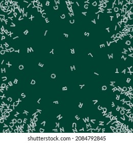Falling letters of English language. Chalk sketch flying words of Latin alphabet. Foreign languages study concept. Bold back to school banner on blackboard background.