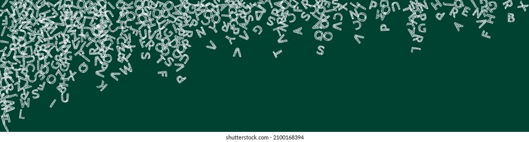 Falling letters of English language. Chalk sketch flying words of Latin alphabet. Foreign languages study concept. Sightly back to school banner on blackboard background.