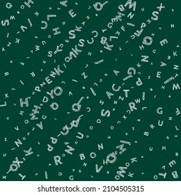 Falling letters of English language. Chalk handdrawn flying words of Latin alphabet. Foreign languages study concept. Great back to school banner on blackboard background.