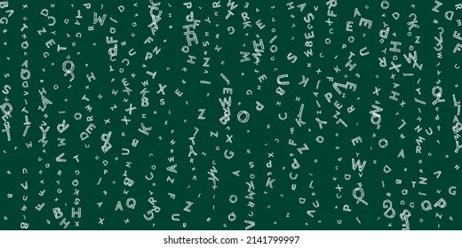 Falling letters of English language. Chalk handdrawn flying words of Latin alphabet. Foreign languages study concept. Ecstatic back to school banner on blackboard background.