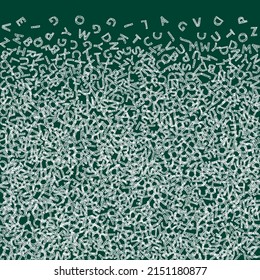 Falling letters of English language. Chalk sketch flying words of Latin alphabet. Foreign languages study concept. Extraordinary back to school banner on blackboard background.