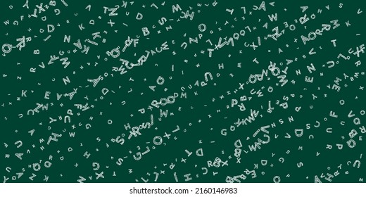Falling letters of English language. Chalk handdrawn flying words of Latin alphabet. Foreign languages study concept. Classy back to school banner on blackboard background.