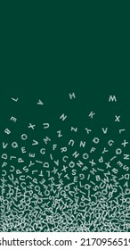 Falling letters of English language. Chalk sketch flying words of Latin alphabet. Foreign languages study concept. Extra back to school banner on blackboard background.