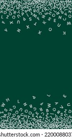 Falling letters of English language. Chalk sketch flying words of Latin alphabet. Foreign languages study concept. Mesmeric back to school banner on blackboard background.