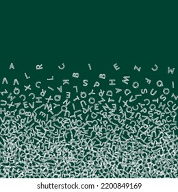 Falling letters of English language. Chalk sketch flying words of Latin alphabet. Foreign languages study concept. Dramatic back to school banner on blackboard background.
