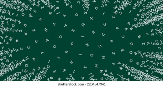 Falling letters of English language. Chalk sketch flying words of Latin alphabet. Foreign languages study concept. Incredible back to school banner on blackboard background.