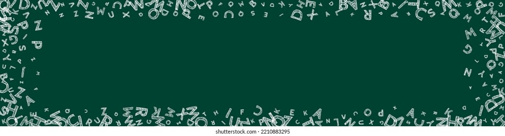 Falling letters of English language. Chalk handdrawn flying words of Latin alphabet. Foreign languages study concept. Magnificent back to school banner on blackboard background.