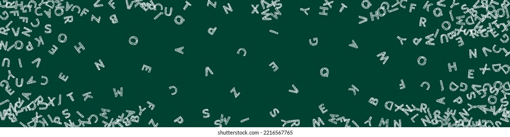Falling letters of English language. Chalk sketch flying words of Latin alphabet. Foreign languages study concept. Symmetrical back to school banner on blackboard background.