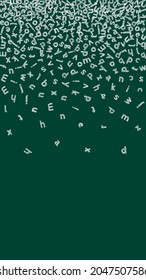 Falling letters of English language. Childish chalk flying words of Latin alphabet. Foreign languages study concept. Classic back to school banner on blackboard background.