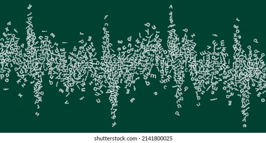 Falling letters of English language. Childish chalk flying words of Latin alphabet. Foreign languages study concept. Grand back to school banner on blackboard background.