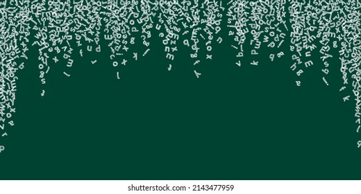 Falling letters of English language. Childish chalk flying words of Latin alphabet. Foreign languages study concept. Sublime back to school banner on blackboard background.