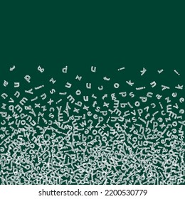 Falling letters of English language. Childish chalk flying words of Latin alphabet. Foreign languages study concept. Ecstatic back to school banner on blackboard background.