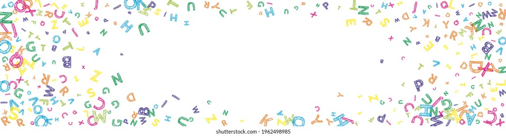 Falling letters of English language. Colorful messy sketch flying words of Latin alphabet. Foreign languages study concept. Adorable back to school banner on white background.