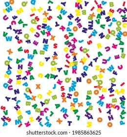 Falling letters of English language. Colorful flying words of Latin alphabet. Foreign languages study concept. Marvelous back to school banner on white background.