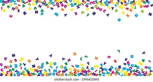 Falling letters of English language. Colorful flying words of Latin alphabet. Foreign languages study concept. Pleasing back to school banner on white background.