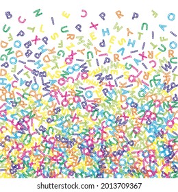 Falling letters of English language. Colorful sketch flying words of Latin alphabet. Foreign languages study concept. Original back to school banner on white background.