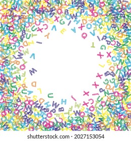 Falling letters of English language. Colorful sketch flying words of Latin alphabet. Foreign languages study concept. Divine back to school banner on white background.