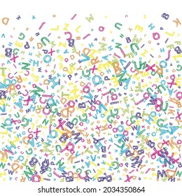Falling letters of English language. Colorful messy sketch flying words of Latin alphabet. Foreign languages study concept. Fancy back to school banner on white background.