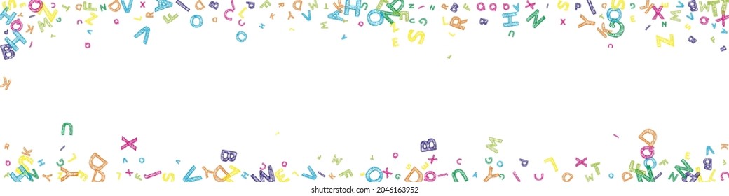 Falling letters of English language. Colorful messy sketch flying words of Latin alphabet. Foreign languages study concept. Flawless back to school banner on white background.