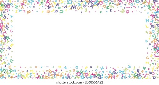 Falling letters of English language. Colorful messy sketch flying words of Latin alphabet. Foreign languages study concept. Attractive back to school banner on white background.