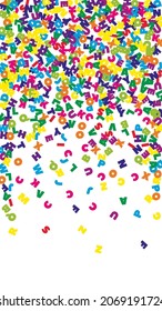 Falling letters of English language. Colorful flying words of Latin alphabet. Foreign languages study concept. Energetic back to school banner on white background.