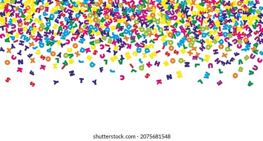 Falling letters of English language. Colorful flying words of Latin alphabet. Foreign languages study concept. Charming back to school banner on white background.