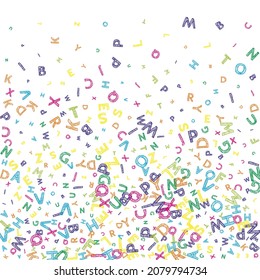Falling letters of English language. Colorful messy sketch flying words of Latin alphabet. Foreign languages study concept. Optimal back to school banner on white background.