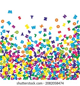 Falling letters of English language. Colorful flying words of Latin alphabet. Foreign languages study concept. Actual back to school banner on white background.
