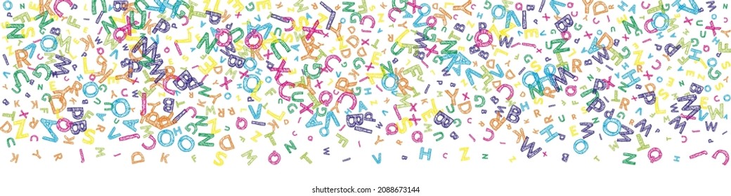 Falling letters of English language. Colorful messy sketch flying words of Latin alphabet. Foreign languages study concept. Resplendent back to school banner on white background.