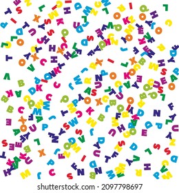Falling letters of English language. Colorful flying words of Latin alphabet. Foreign languages study concept. Immaculate back to school banner on white background.