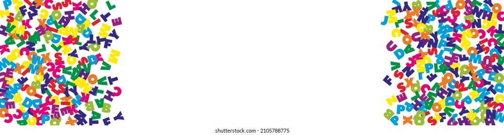 Falling letters of English language. Colorful flying words of Latin alphabet. Foreign languages study concept. Powerful back to school banner on white background.
