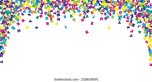 Falling letters of English language. Colorful flying words of Latin alphabet. Foreign languages study concept. Magnetic back to school banner on white background.
