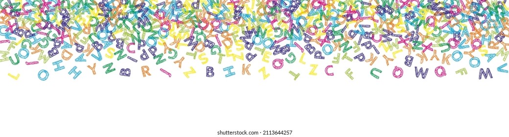 Falling letters of English language. Colorful sketch flying words of Latin alphabet. Foreign languages study concept. Popular back to school banner on white background.