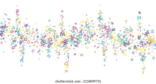 Falling letters of English language. Colorful messy sketch flying words of Latin alphabet. Foreign languages study concept. Ideal back to school banner on white background.