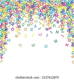 Falling letters of English language. Colorful sketch flying words of Latin alphabet. Foreign languages study concept. Brilliant back to school banner on white background.