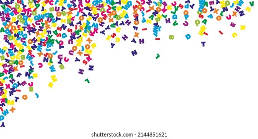 Falling letters of English language. Colorful flying words of Latin alphabet. Foreign languages study concept. Beautiful back to school banner on white background.
