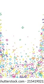 Falling letters of English language. Colorful messy sketch flying words of Latin alphabet. Foreign languages study concept. Unique back to school banner on white background.