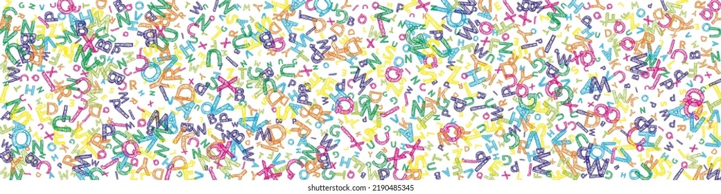 Falling letters of English language. Colorful messy sketch flying words of Latin alphabet. Foreign languages study concept. Noteworthy back to school banner on white background.