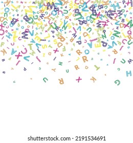 Falling letters of English language. Colorful messy sketch flying words of Latin alphabet. Foreign languages study concept. Lovely back to school banner on white background.