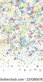 Falling letters of English language. Colorful messy sketch flying words of Latin alphabet. Foreign languages study concept. Tempting back to school banner on white background.