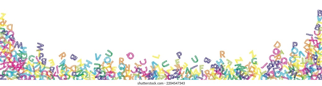 Falling letters of English language. Colorful sketch flying words of Latin alphabet. Foreign languages study concept. Captivating back to school banner on white background.
