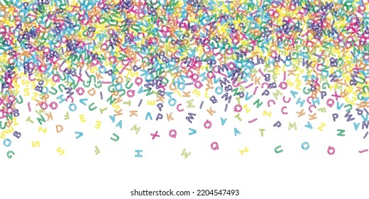 Falling letters of English language. Colorful sketch flying words of Latin alphabet. Foreign languages study concept. Worthy back to school banner on white background.