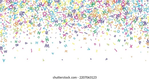 Falling letters of English language. Colorful messy sketch flying words of Latin alphabet. Foreign languages study concept. Wondrous back to school banner on white background.