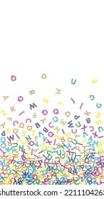 Falling letters of English language. Colorful sketch flying words of Latin alphabet. Foreign languages study concept. Fancy back to school banner on white background.
