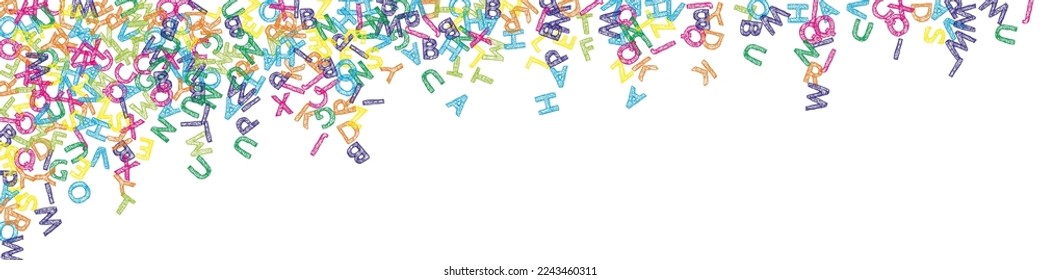 Falling letters of English language. Colorful sketch flying words of Latin alphabet. Foreign languages study concept. Sublime back to school banner on white background.